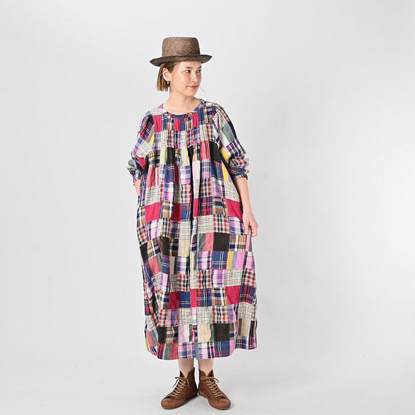 Indian Linen Patchwork Dress Blue Patchwork Female Model