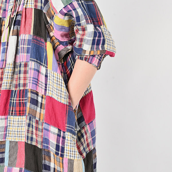 Indian Linen Patchwork Dress Blue Patchwork Detail