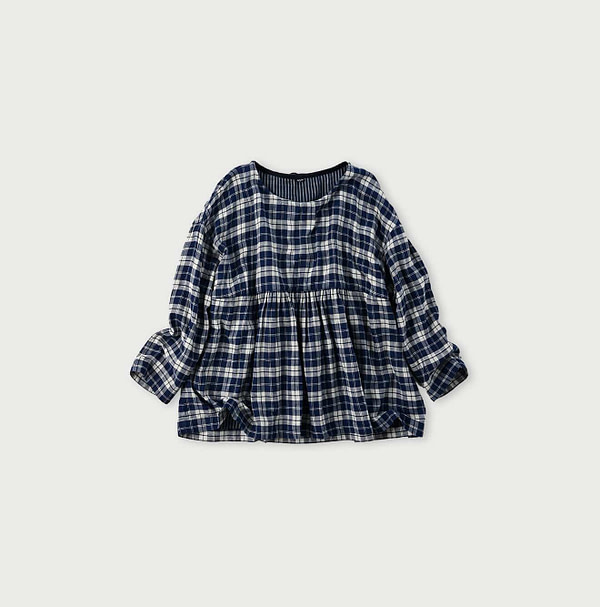 Indigo Fuwafuwa Double Woven Tiered Blouse Plaid