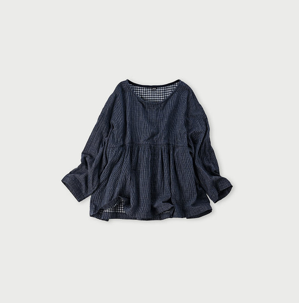 Indigo Fuwafuwa Double Woven Tiered Blouse Thin Stripe