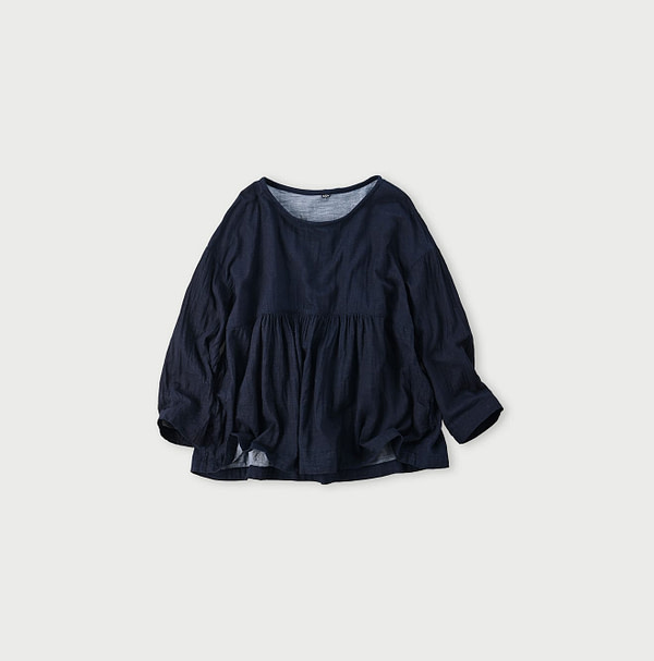 Indigo Fuwafuwa Double Woven Tiered Blouse Solid Indigo