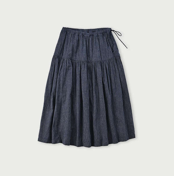 Indigo Fuwafuwa Double Woven Tiered Skirt Thin Stripe