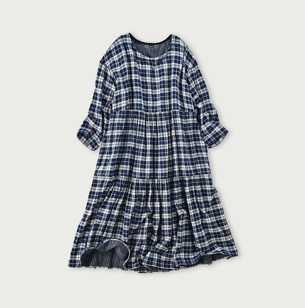 Indigo Fuwafuwa Double Woven Tiered Dress Plaid