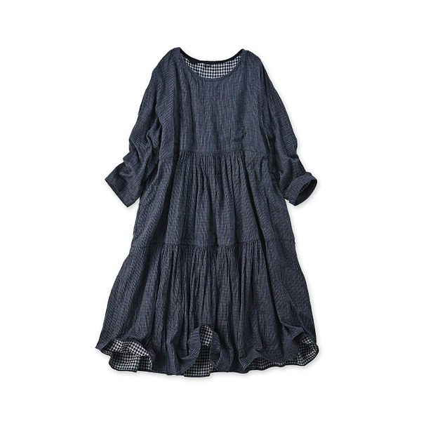 Indigo Fuwafuwa Double Woven Tiered Dress Thin Stripe