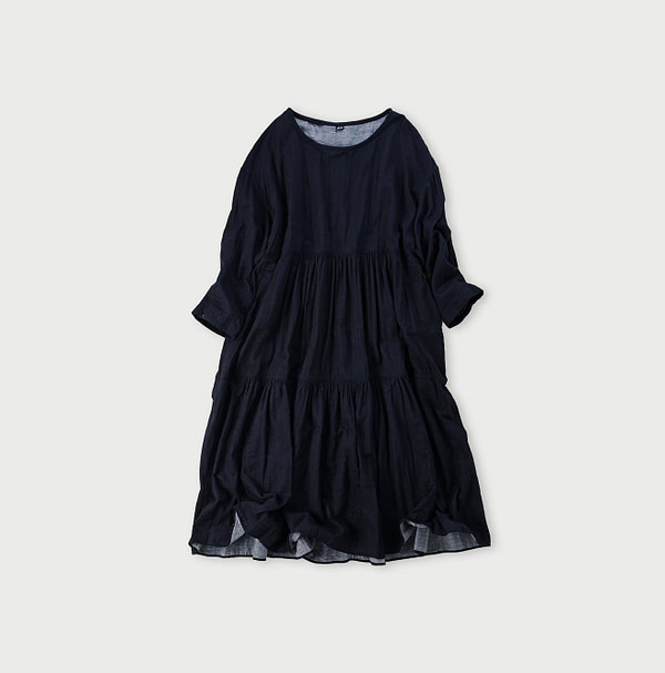 Indigo Fuwafuwa Double Woven Tiered Dress Solid Indigo