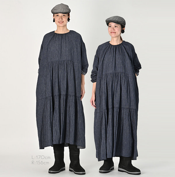 Indigo Fuwafuwa Double Woven Tiered Dress Female Models