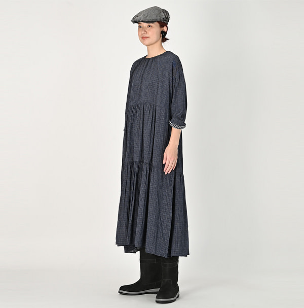 Indigo Fuwafuwa Double Woven Tiered Dress Female Model