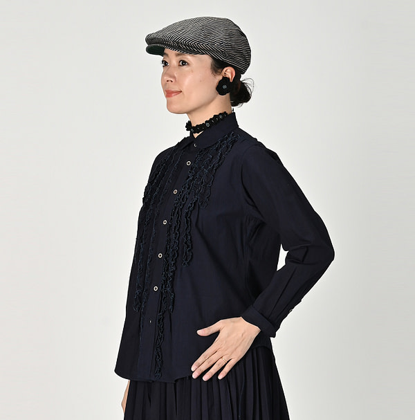 Indigo Supima Organic Baptiste Frill Petit Loafer Shirt Female Model