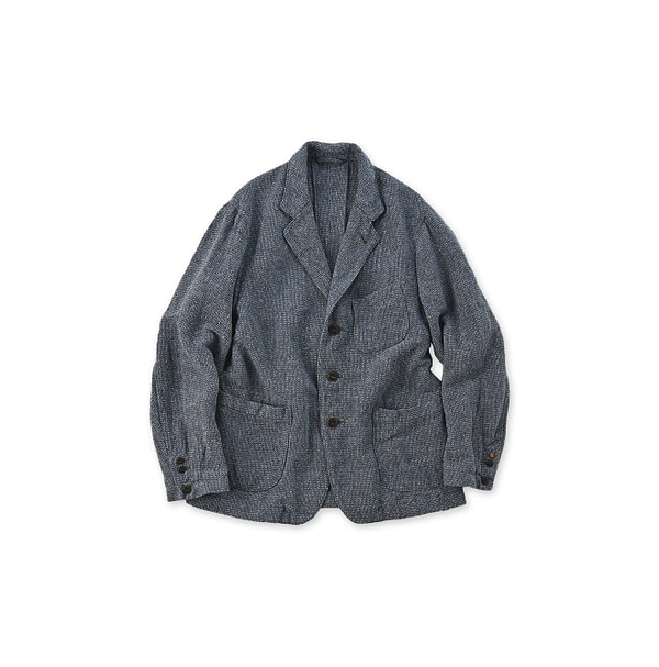 Indigo Cotton Linen Tweed Tyrol Jacket Navy Herringbone