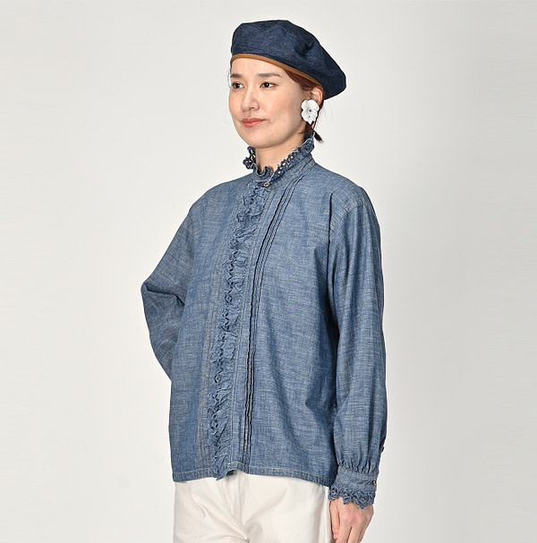 Dungaree Cutwork Frill Blouse Distressed Female Model