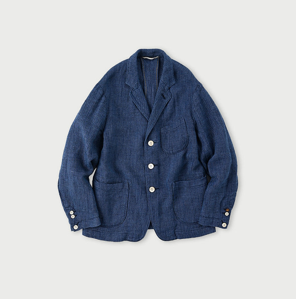 Cotton Linen Herringbone Tweed Miyuki Jacket Navy Herringbone