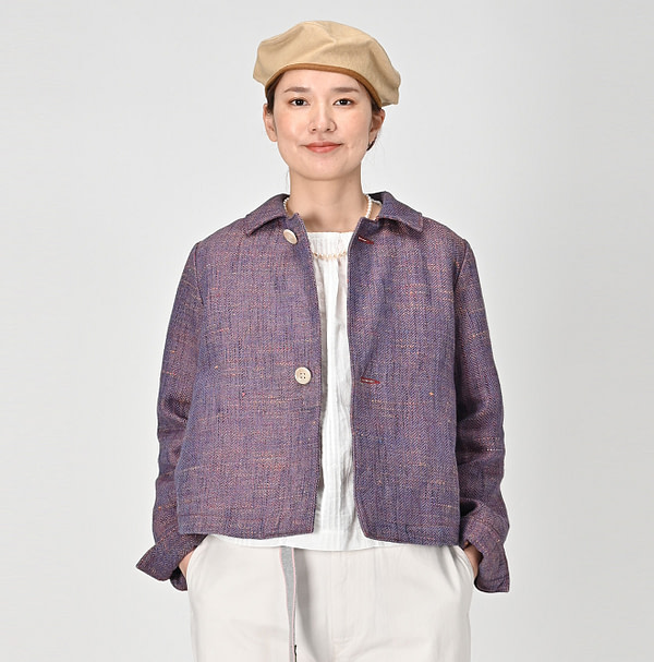 Cotton Linen Herringbone Tweed Square Jacket Female Model