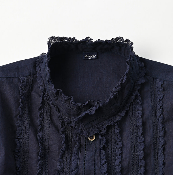 Indigo Supima Organic Batist Lace Blouse Detail