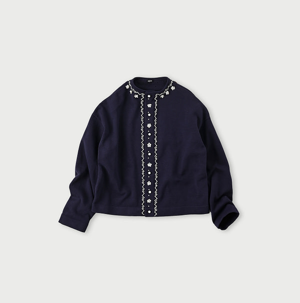 Beads Embroidery Dozume Knitsew Cardigan Navy