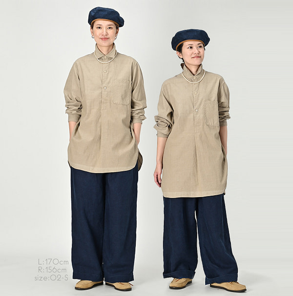 Indigo Khadi OX 908 Grandpa Pull Shirt Sumi Female Models