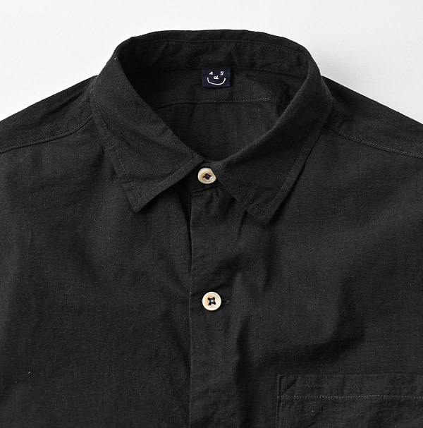 Indigo Khadi OX 908 Grandpa Pull Shirt Sumi Detail