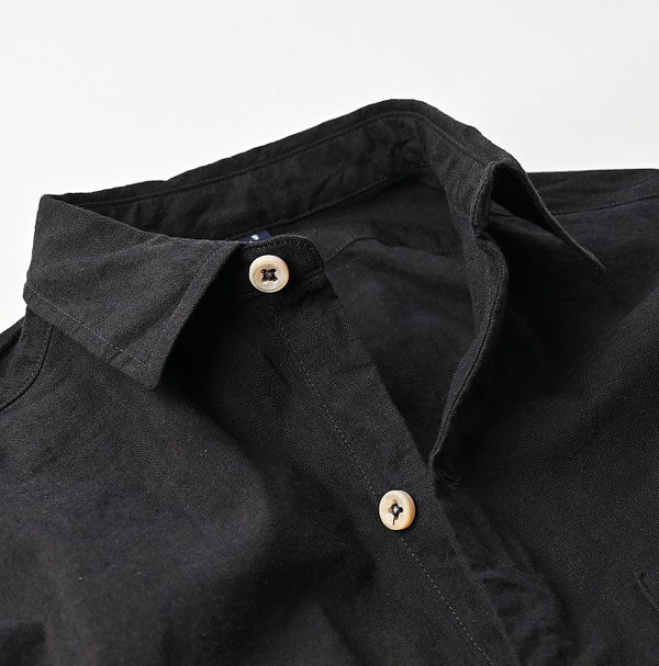 Indigo Khadi OX 908 Grandpa Pull Shirt Sumi Detail