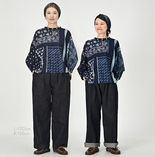 Indigo Bandana Patchwork Blouse Female Models