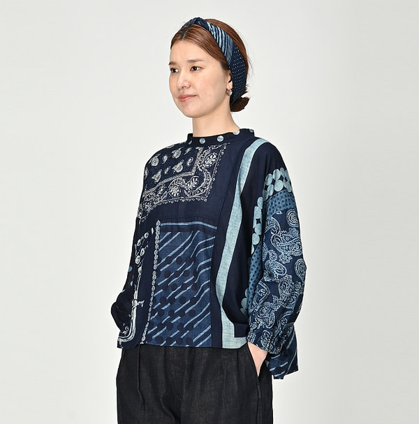 Indigo Bandana Patchwork Blouse Female Model