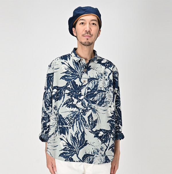 Indigo Eastern Aloha 908 Ocean Petit Collar Pull Shirt Male Model