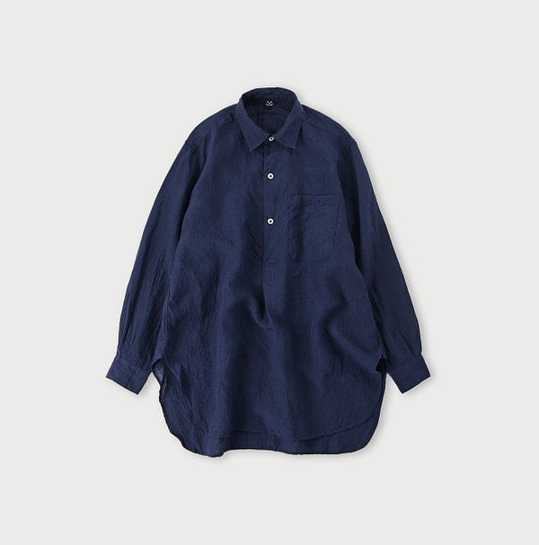 Indian Linen Chambray 908 Grandpa Pull Shirt Navy