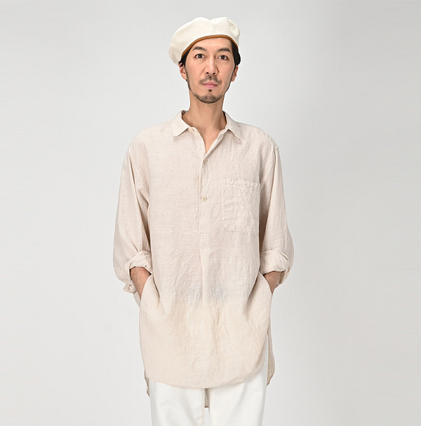 Indian Linen Chambray 908 Grandpa Pull Shirt Male Model