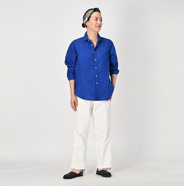 Indian Linen Chambray 908 Petite Collar Ocean Shirt Female Model