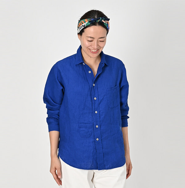 Indian Linen Chambray 908 Petite Collar Ocean Shirt Female Model