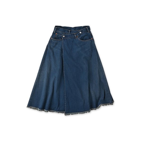 Omugi Denim Crossover Skirt Distressed Dash Indigo Syou