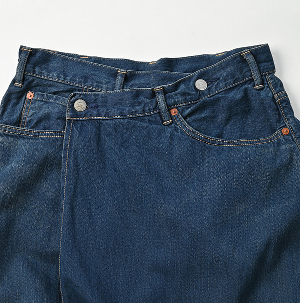 Omugi Denim Crossover Skirt Distressed Detail