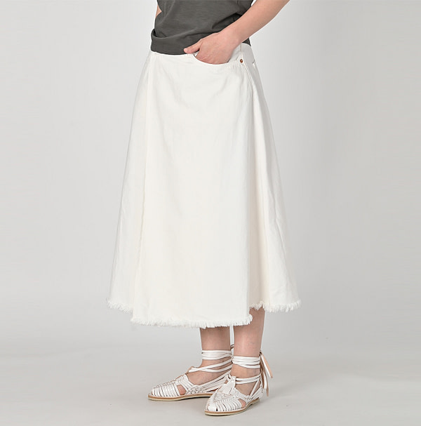 Raimugi Denim Crossover Skirt White Distressed Female Model