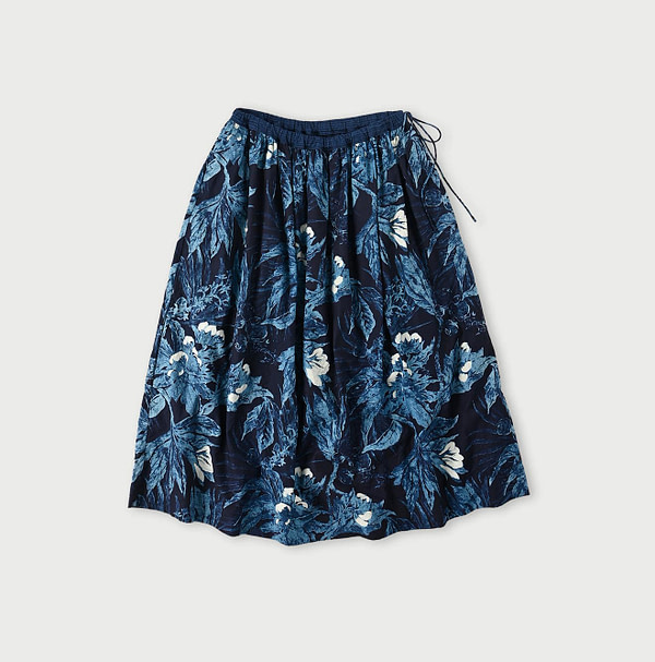 Indigo Eastern Aloha Print Easy Gather Skirt Navy Discharge Print