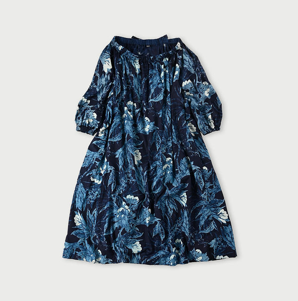 Indigo Eastern Aloha Print Puff Dress Indigo Discharge Print