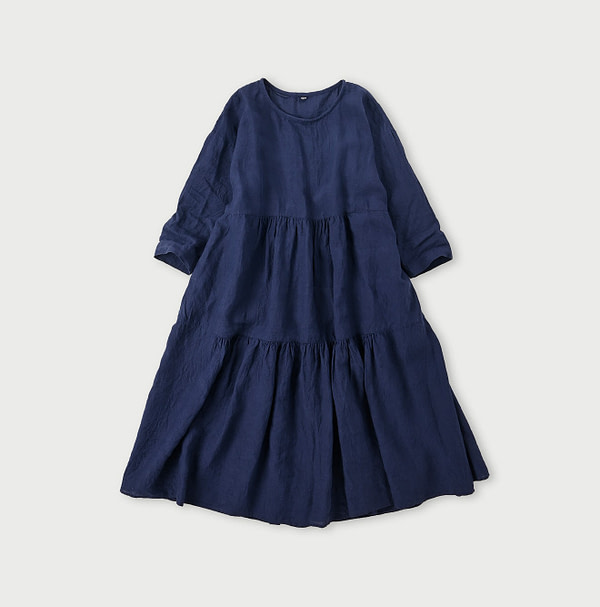 Indian Linen Chambray Tiered Dress Navy