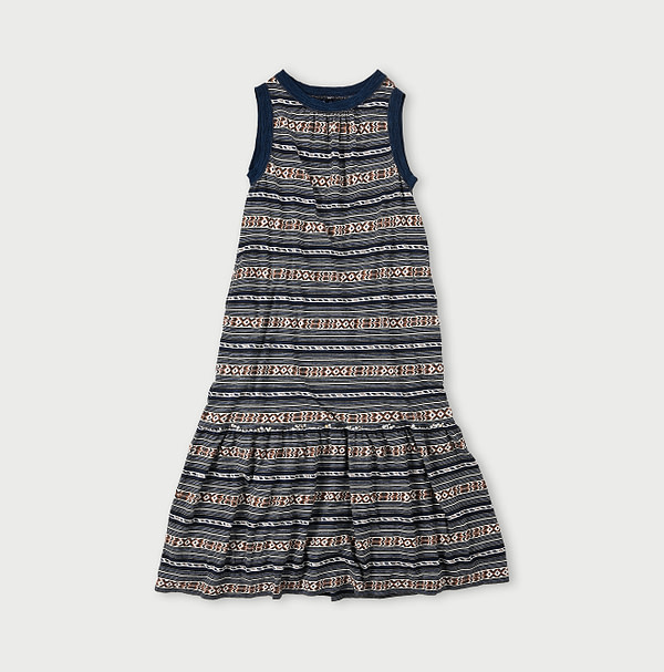 Jacquard Border Gather Dress Navy Jacquard