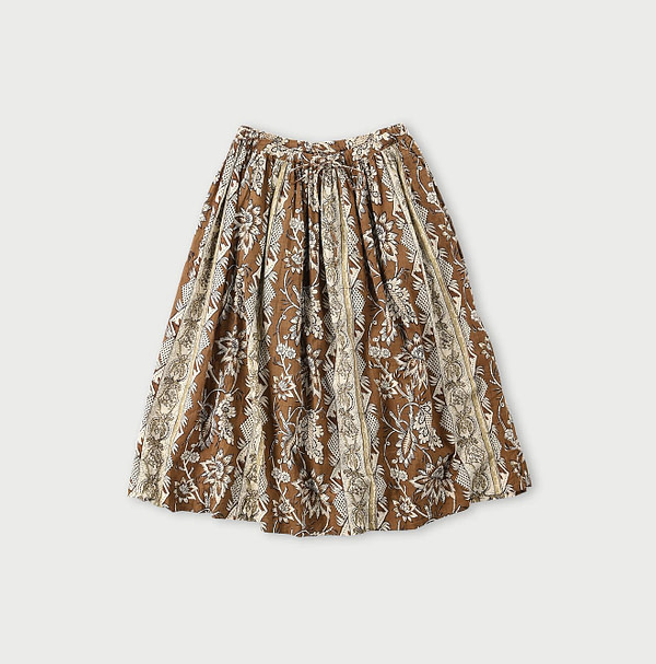 Sarasa Block Print Easy Gather Skirt Brown