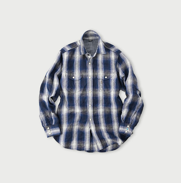 Indian Linen Twill 908 Shadow Check Eastern Shirt Blue