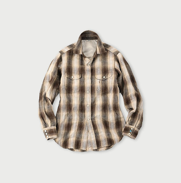 Indian Linen Twill 908 Shadow Check Eastern Shirt Brown