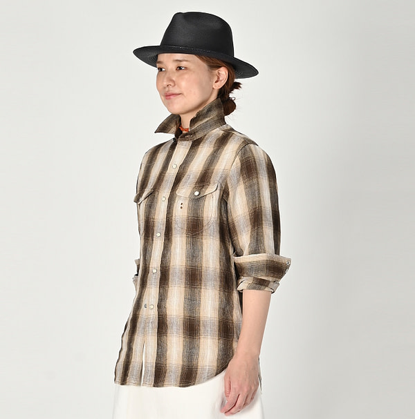 Indian Linen Twill 908 Shadow Check Eastern Shirt Female Model