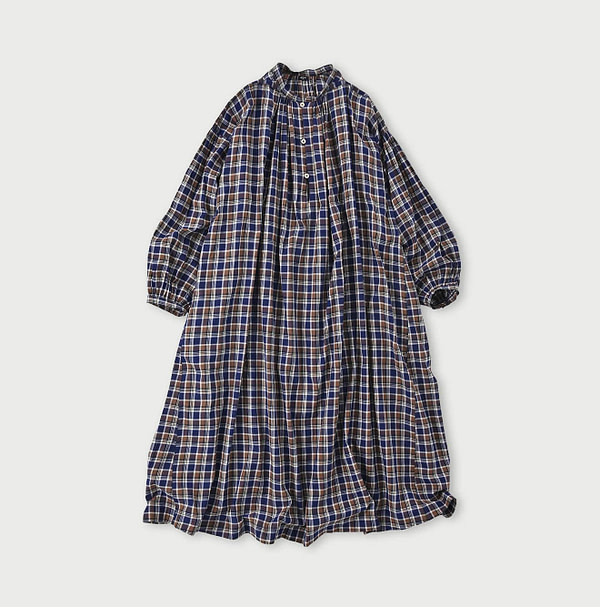 Autumn Breeze Khadi Smock Dress Navy s Brown Check