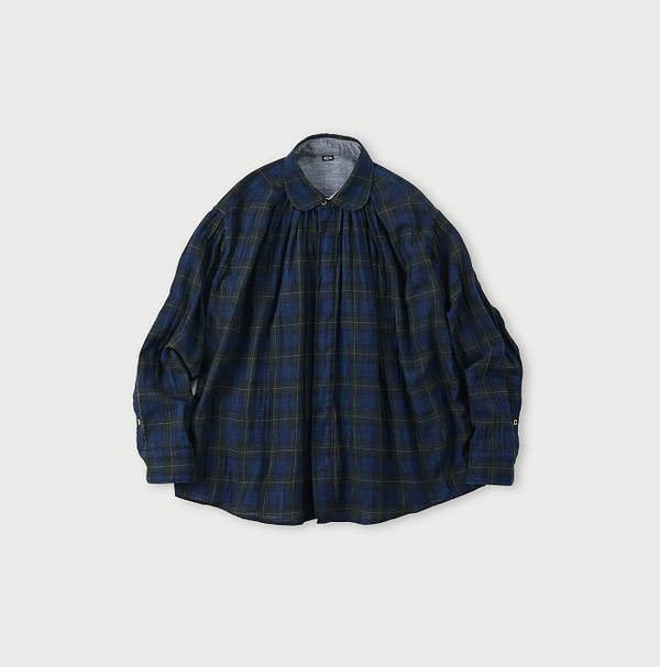 Indigo Fuwafuwa Double Woven Tuck Blouse Black Watch