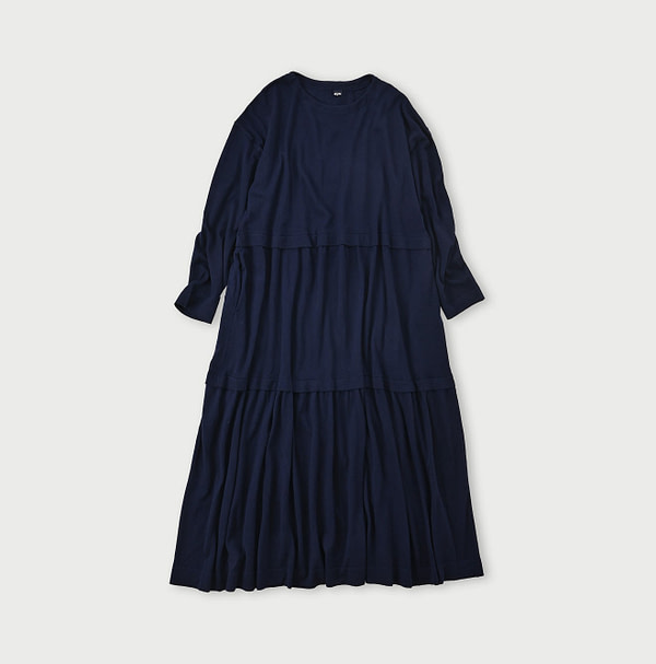 Combed Wool Tenjiku Tiered Dress Navy