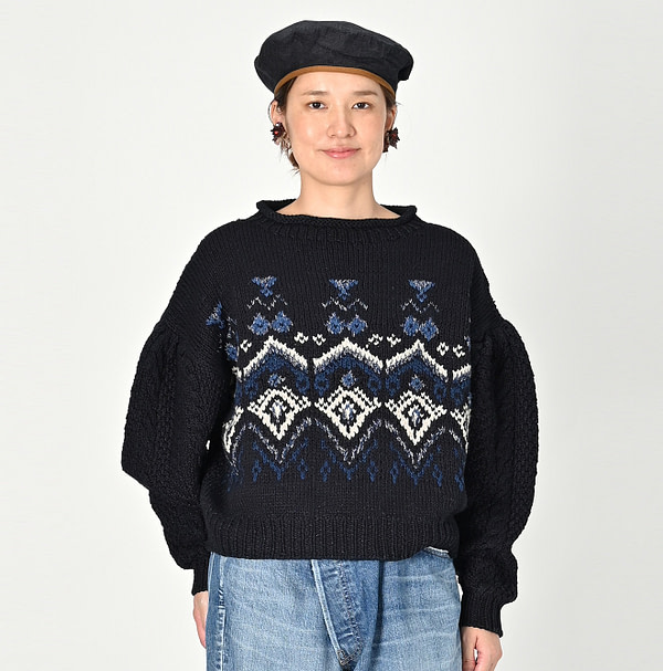 Indigo Nordic x Aran Puff Sweater Female Model