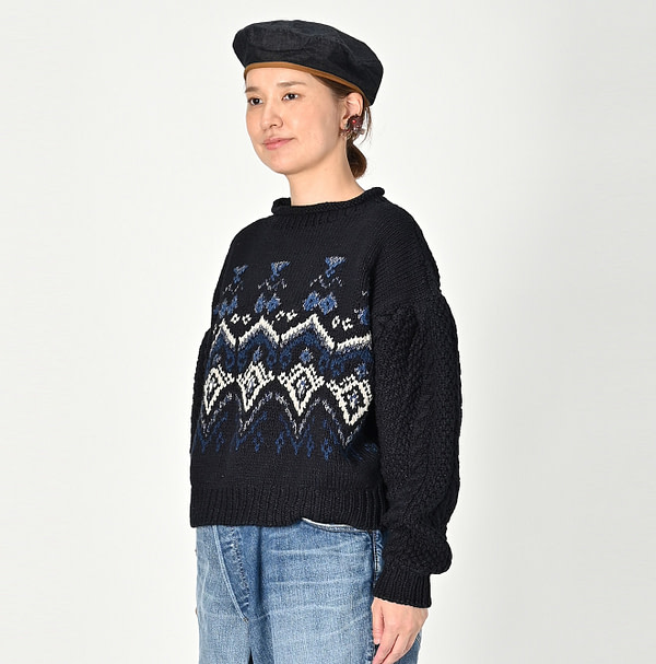 Indigo Nordic x Aran Puff Sweater Female Model