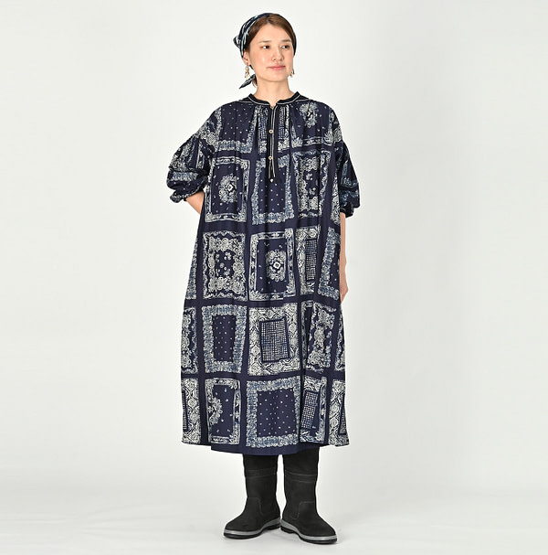 Indigo Bandana Mix Print Smock Dress Female Model