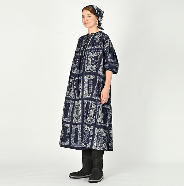 Indigo Bandana Mix Print Smock Dress Female Model