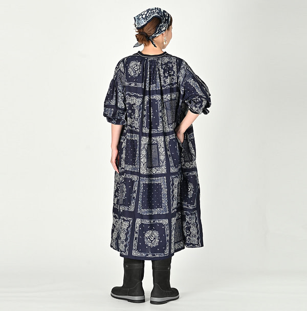 Indigo Bandana Mix Print Smock Dress Female Model