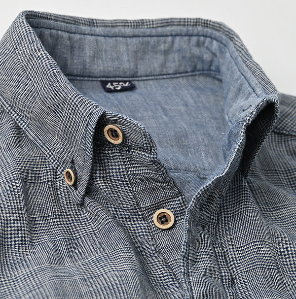 Indigo Fuwafuwa Double Woven 908 Loafer Button Down Shirt Detail