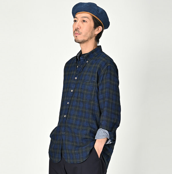 Indigo Fuwafuwa Double Woven 908 Loafer Button Down Shirt Male Model