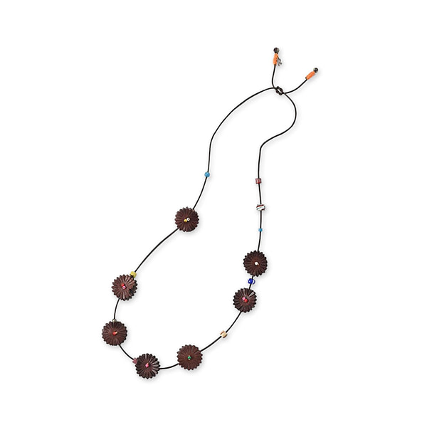 Leather x Glass Beads Flower Necklace Brown